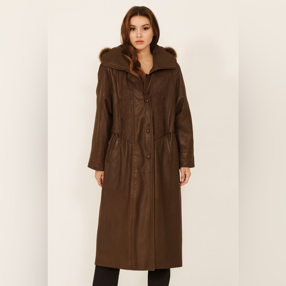 Vintage Leather Trench Jacket with Fur Hood